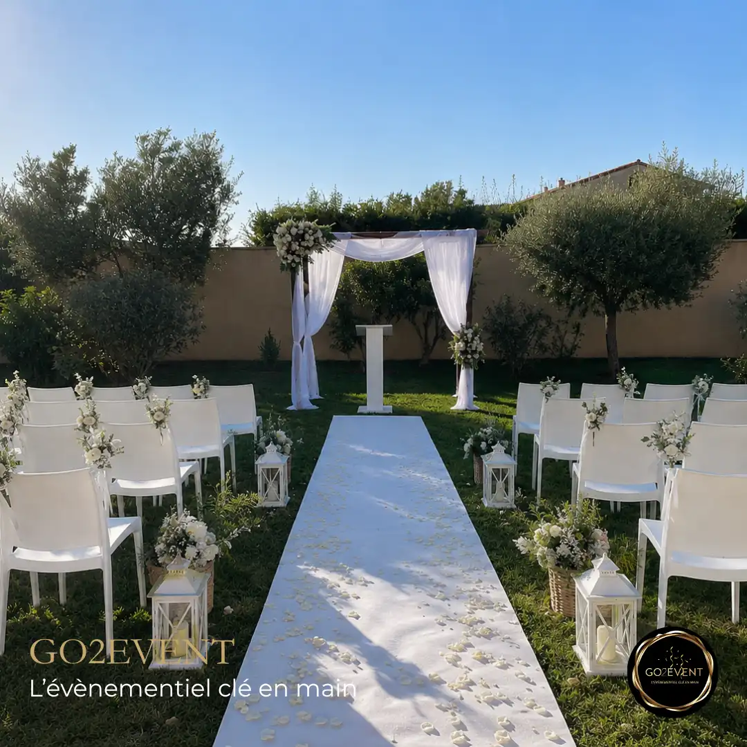 Installation de cérémonie laïque avec arche et chaises – GO2EVENT